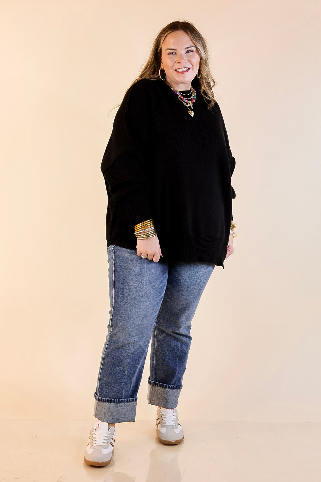 Snug and Stylish Mock Neck Sweater with Side Slit in Black