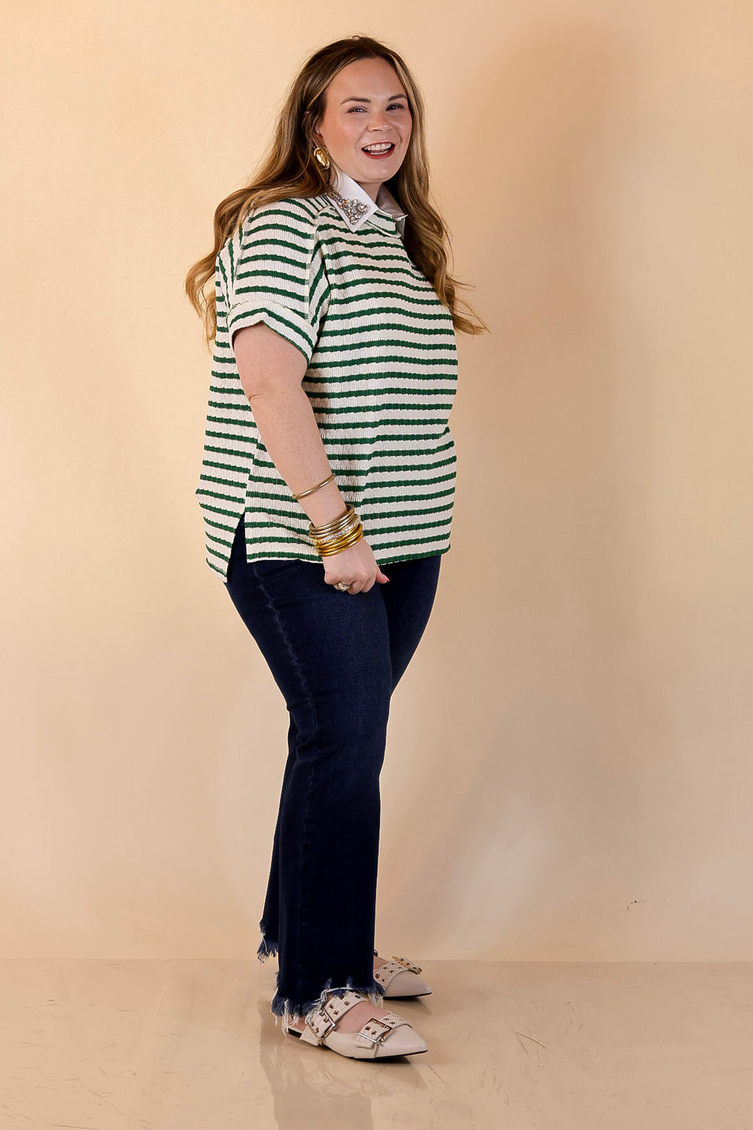 On The Daily Scoop Neck Short Sleeve Striped Textured Top in Kelly Green