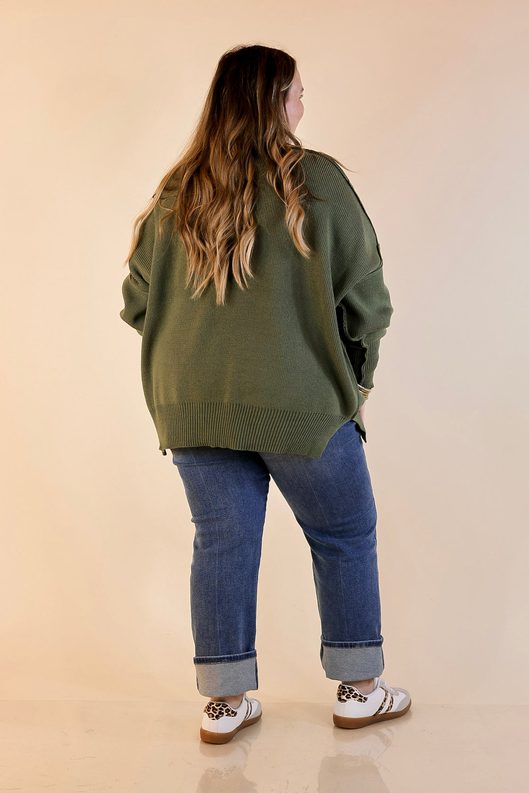 Snug and Stylish Mock Neck Sweater with Side Slit in Olive Green