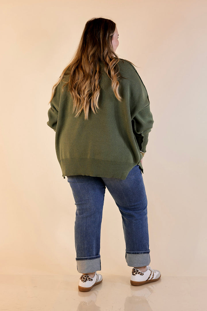 Snug and Stylish Mock Neck Sweater with Side Slit in Olive Green