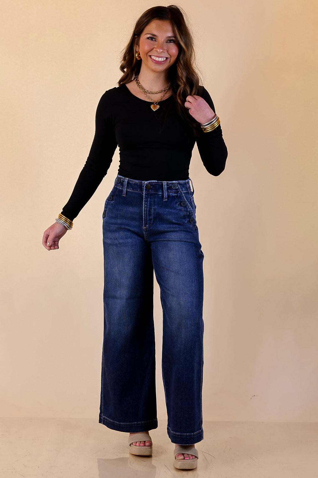 Risen | Steady Style Cropped Wide Leg Trouser Jean with Pocket Detailing in Dark Wash