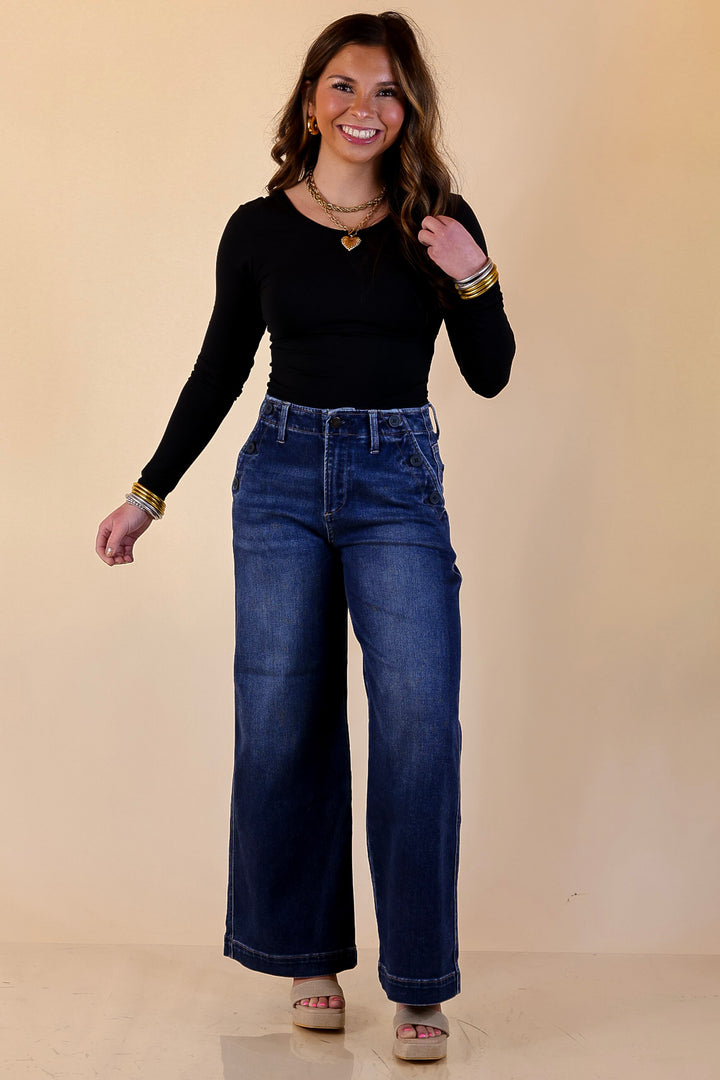 Risen | Steady Style Cropped Wide Leg Trouser Jean with Pocket Detailing in Dark Wash