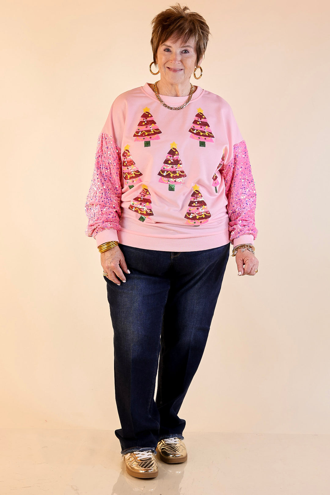 Sequin Pink Christmas Trees Crewneck Sweatshirt with Velvet Sleeves in Light Pink