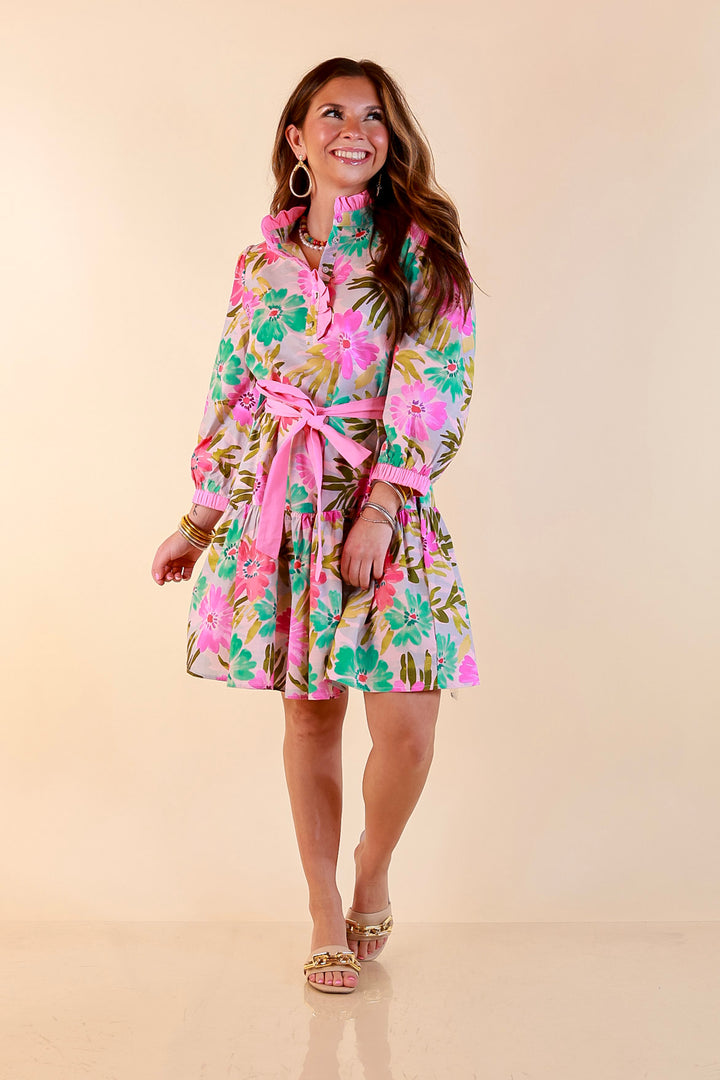 Petals and Promises Floral Print Ruffle Collar Tie Waist Tiered Dress in Pink and Mint