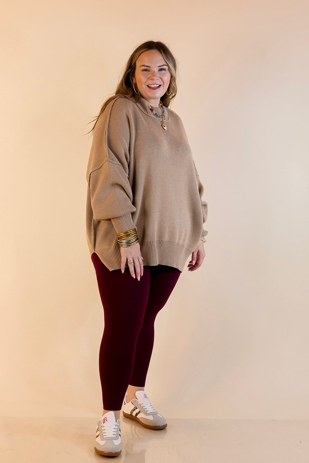 Snug and Stylish Mock Neck Sweater with Side Slit in Light Mocha Brown