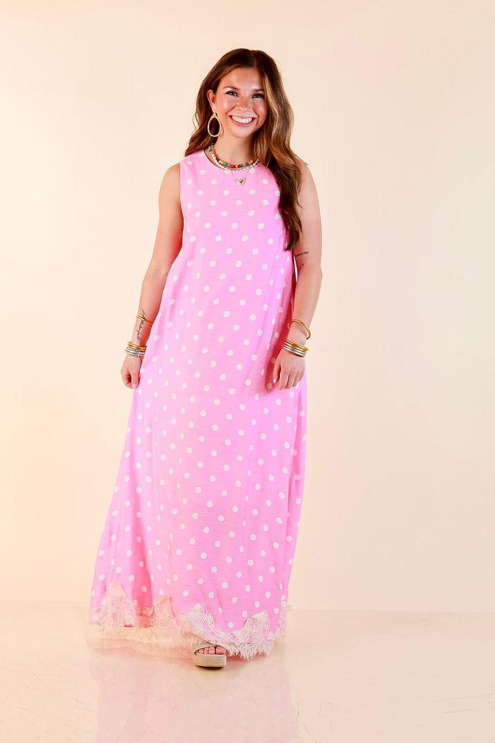 Sweet Little Something Polka Dot Sleeveless Maxi Dress with Lace Trim in Pink