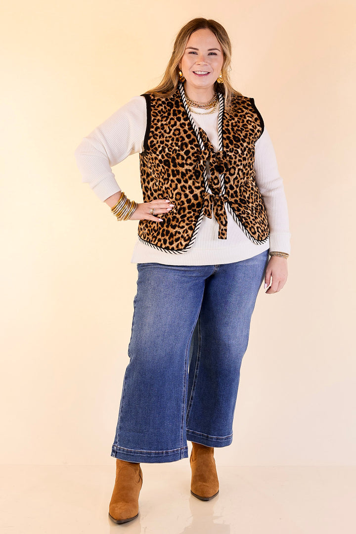Wildly Chic Quilted Puffer Vest with Stripe Trim and Black Piping in Leopard Print
