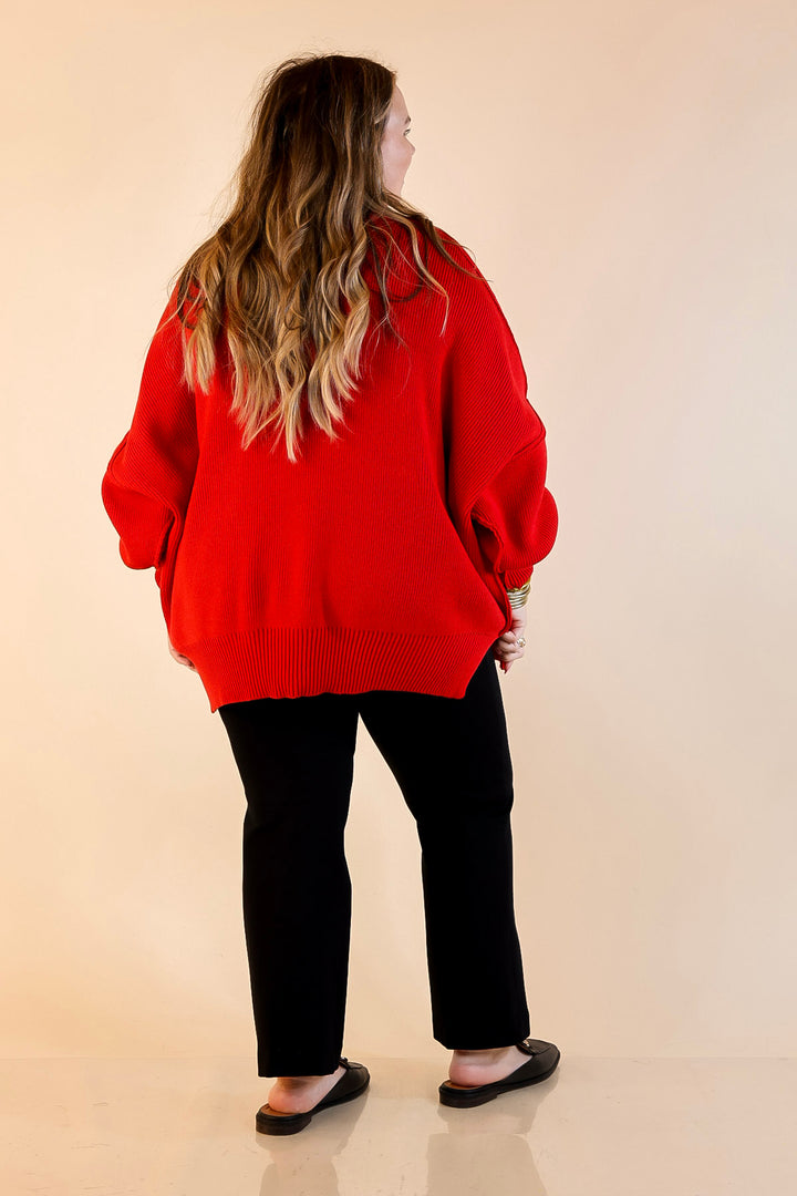 Snug and Stylish Mock Neck Sweater with Side Slit in Ruby Red