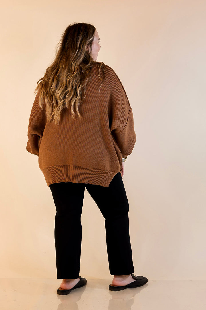 Snug and Stylish Mock Neck Sweater with Side Slit in Camel Brown