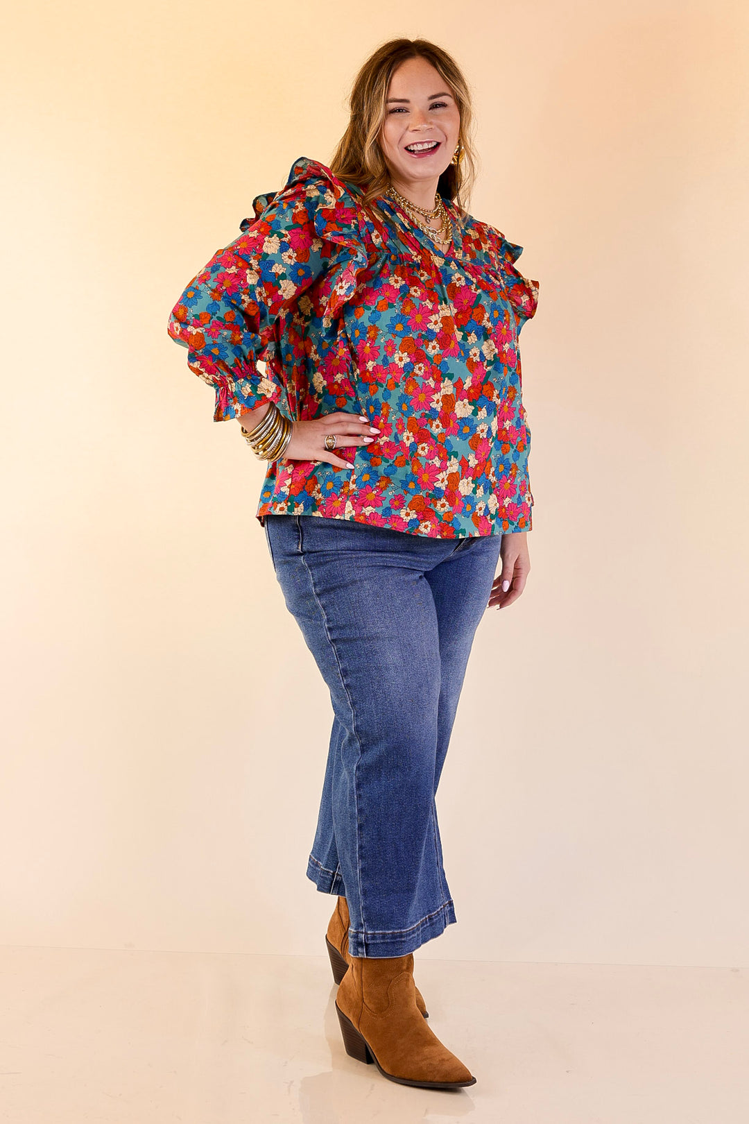 Coffee Perks Floral Ruffle Detail Long Sleeve Top in Turquoise Blue