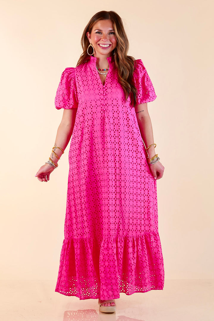Meet Me at Sunset Eyelet Lace Puff Sleeve Tiered Maxi Dress in Hot Pink
