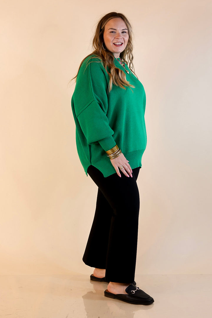 Snug and Stylish Mock Neck Sweater with Side Slit in Kelly Green