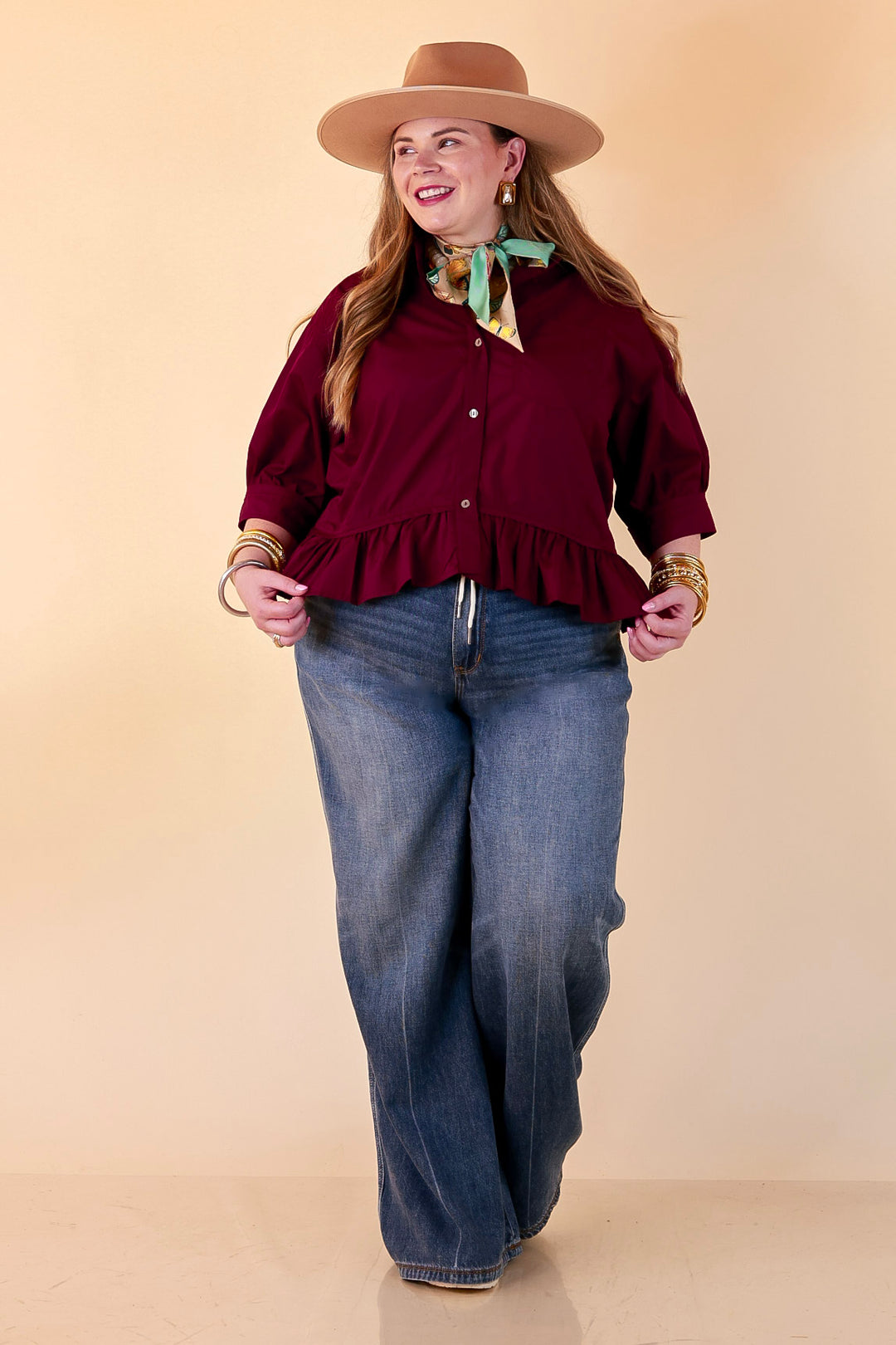 Style Agenda Solid Button Down Peplum Top in Maroon