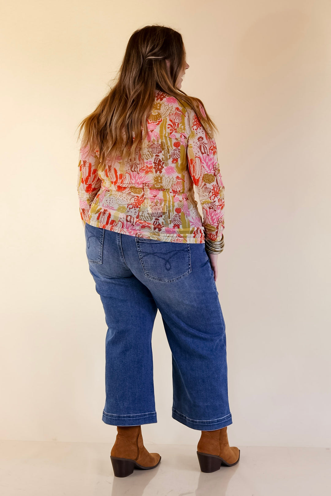 Western Dream Cacti Print Mesh Long Sleeve Top in Cream, Olive Green and Pink