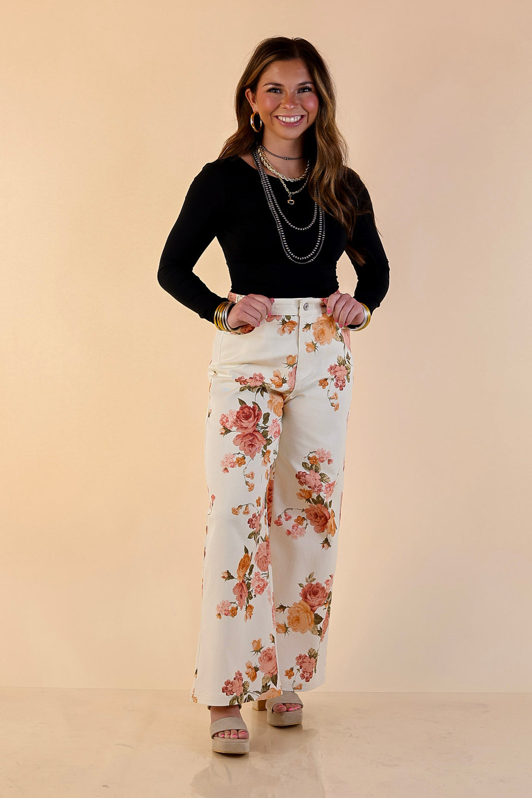 The Best Cropped Wide Leg Vintage Rose Floral Print Jeans in Ivory