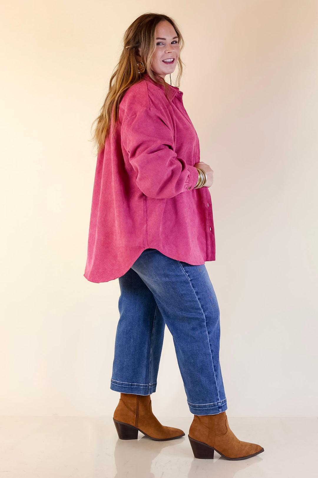 All Dolled Up Button Up Corduroy Shacket in Orchid Pink
