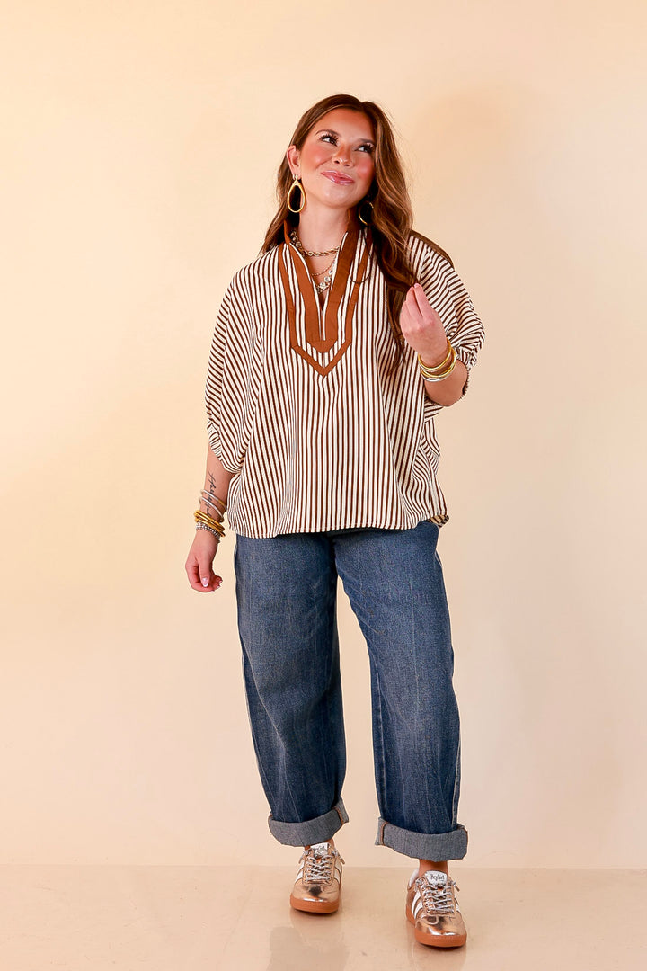 Naturally Stylish Stripe Top with Contrast Stripe Trim and Short Dolman Sleeves in Camel Brown