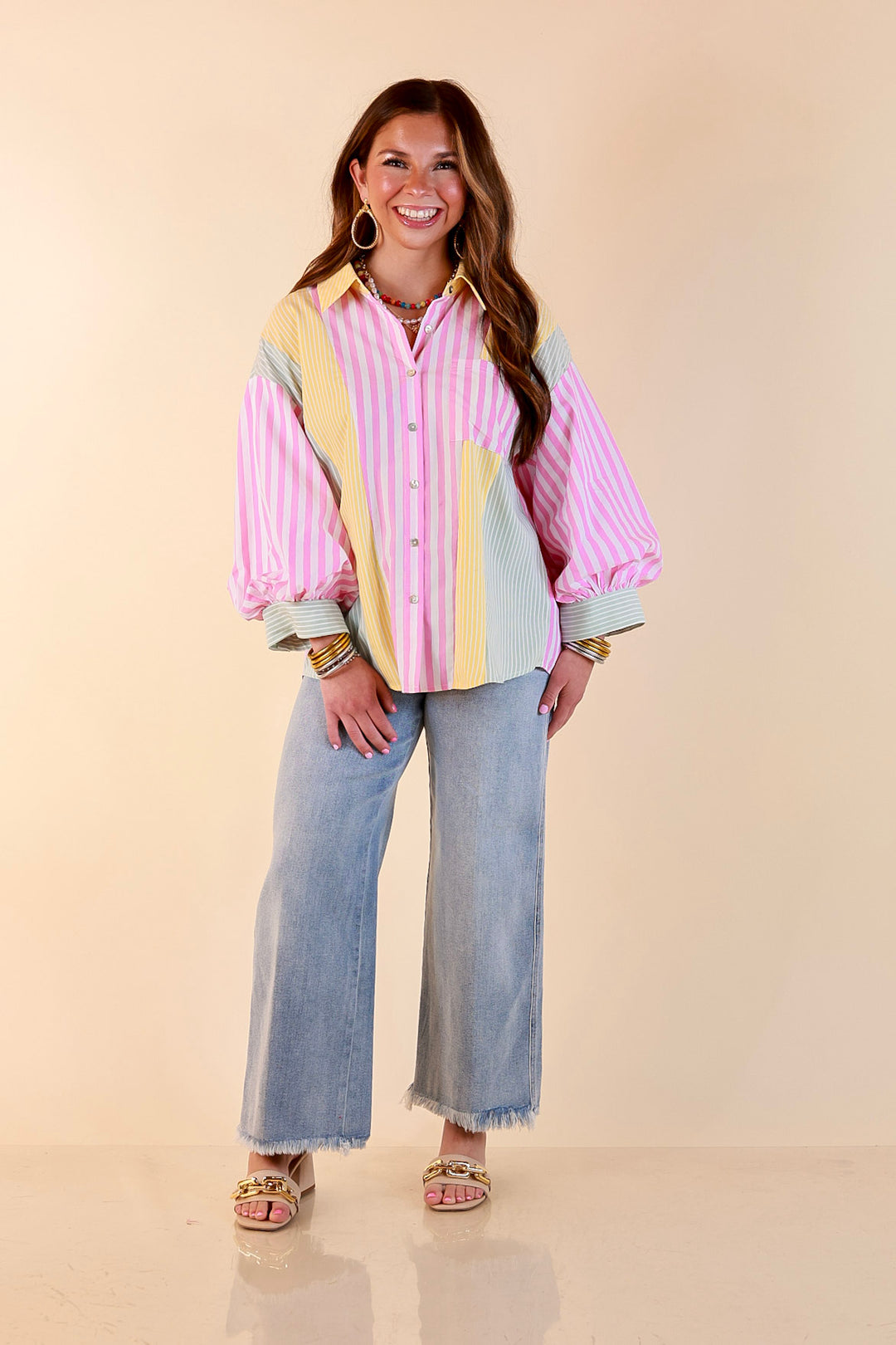 Lovely Impression Colorblock Stripe Button Front Top with Balloon Sleeves in Pink, Yellow and Green