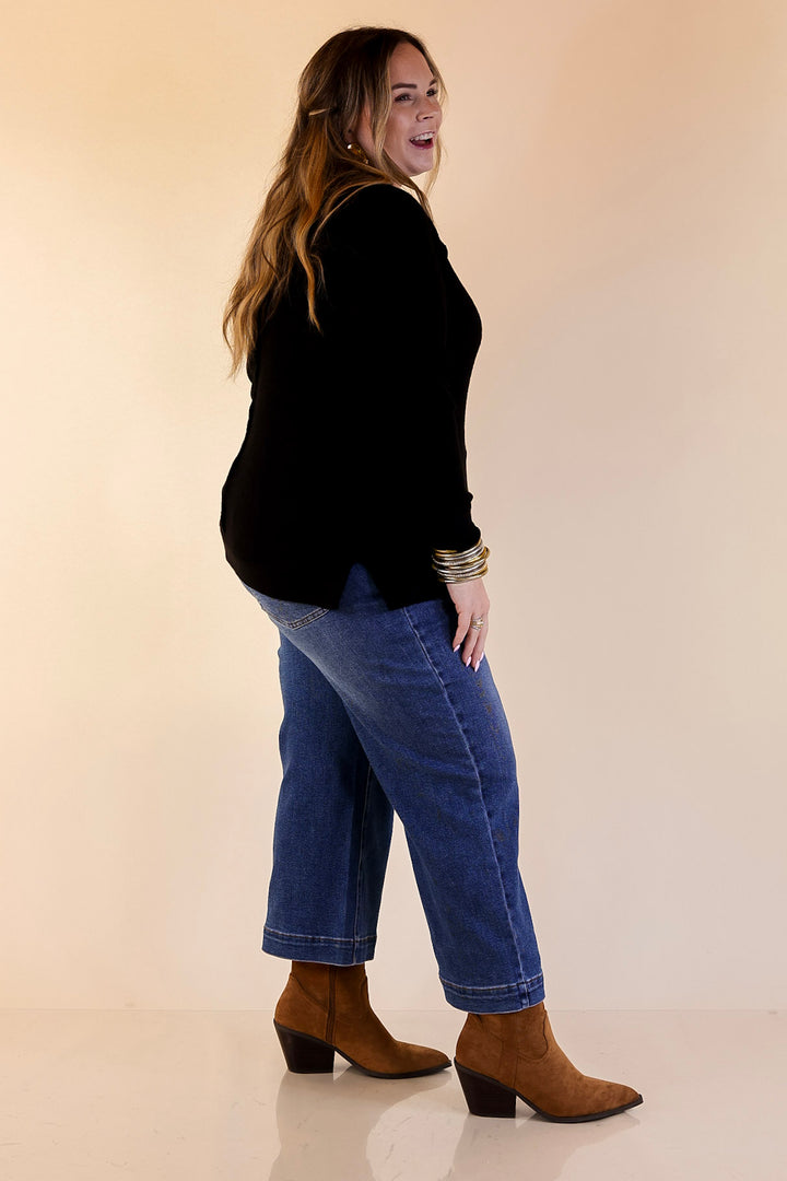 Essentially Chic Waffle Knit Long Sleeve Scoop Neck Top in Black