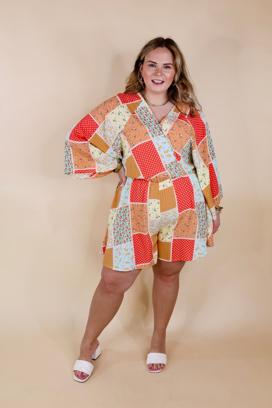 Pushing Limits Floral Patch Print Romper with 3/4 Sleeves - Giddy Up Glamour Boutique