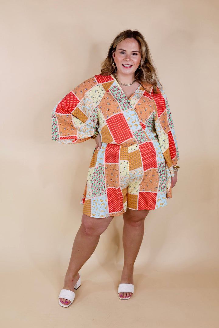 Pushing Limits Floral Patch Print Romper with 3/4 Sleeves - Giddy Up Glamour Boutique