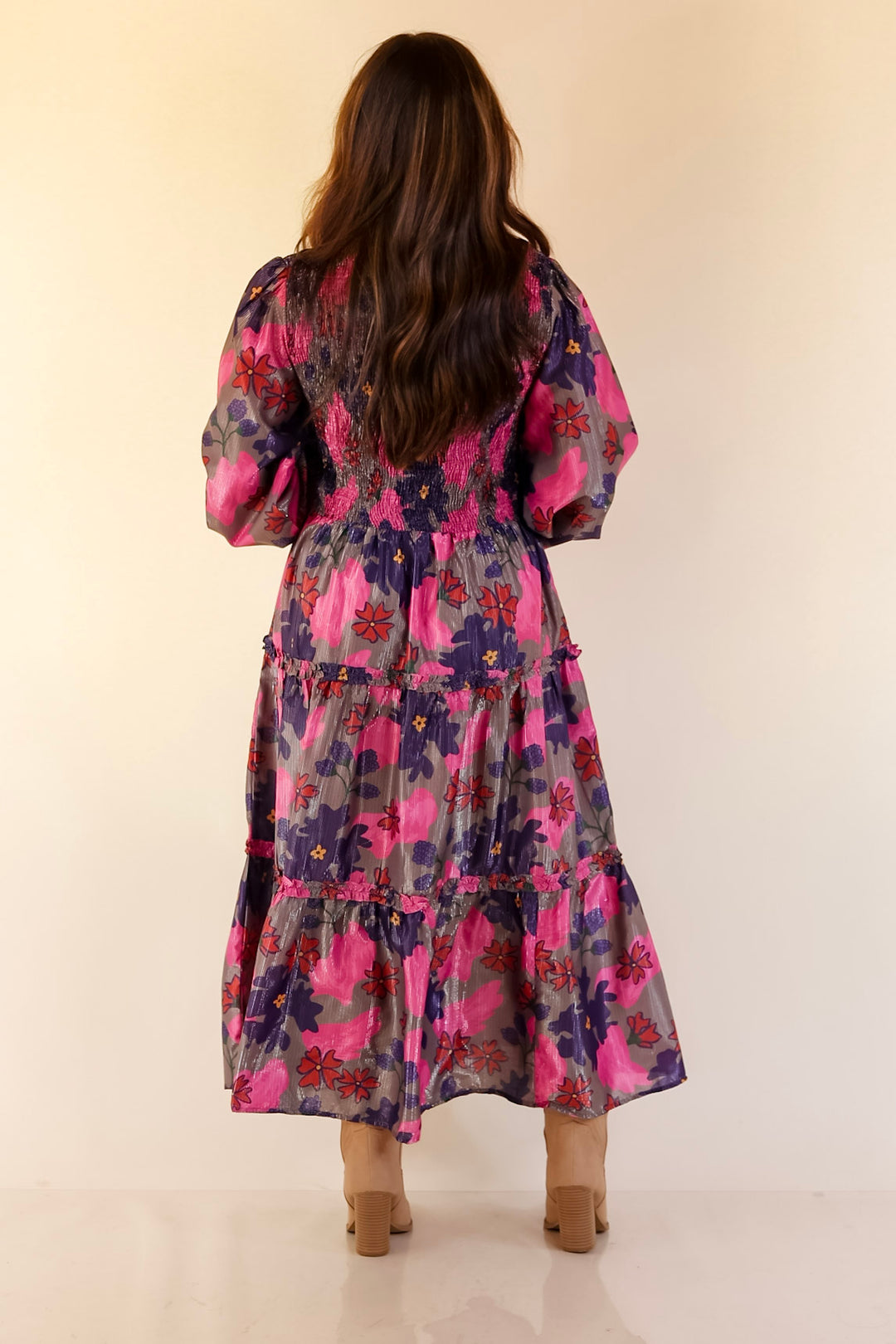 Mud Pie | Shaffer Smocked Bodice Long Sleeve Midi Dress with Tiered Skirt in Pink Mix