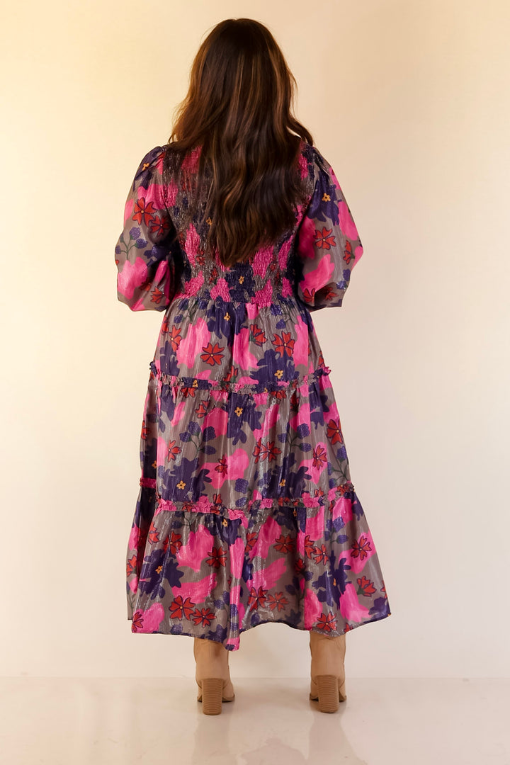 Mud Pie | Shaffer Smocked Bodice Long Sleeve Midi Dress with Tiered Skirt in Pink Mix