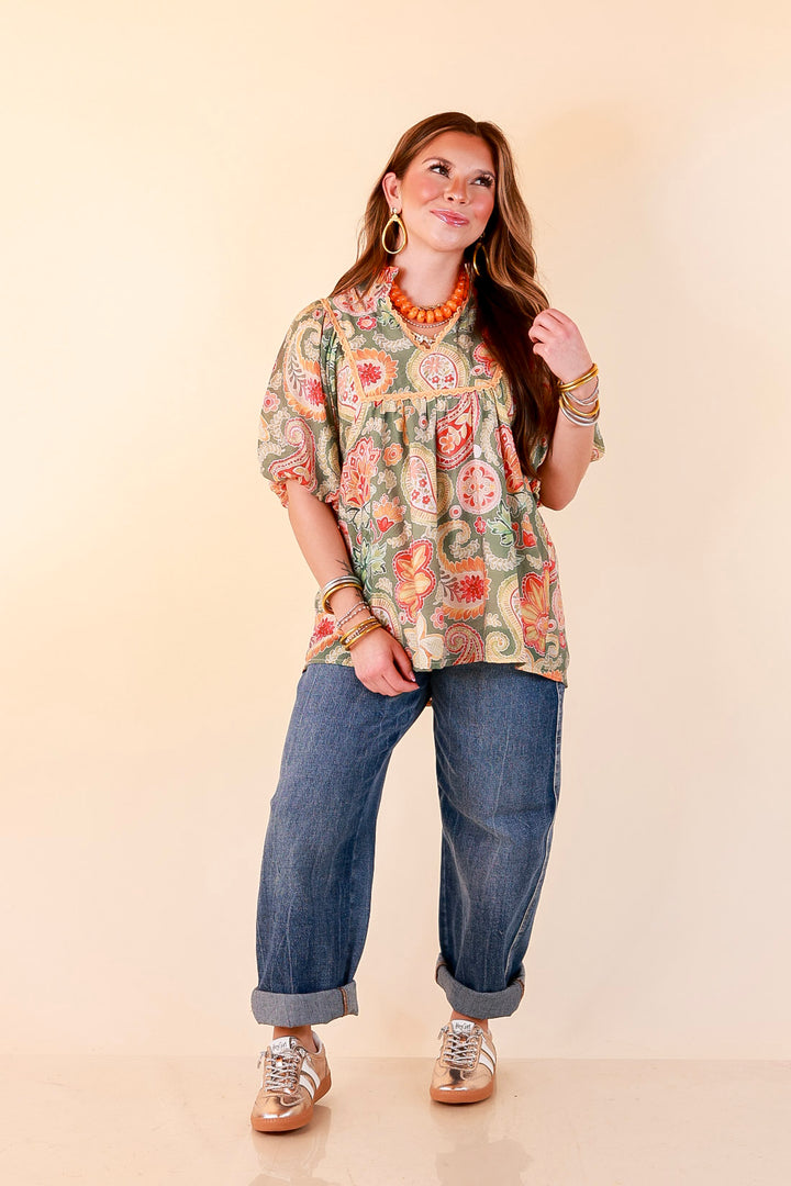 Blooming Days Ahead Paisley Print V Neck Blouse with Puff Sleeves, Ruffle Trim Collar and Lace Trim Yoke in Olive Green Mix