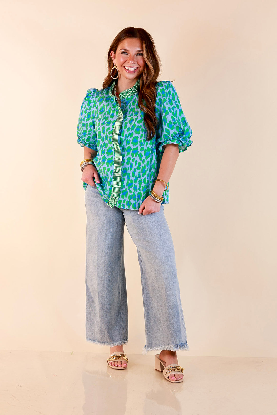 Catch the Compliments Puff Sleeve Ruffle Trim Leopard Print Statement Top in Green and Blue