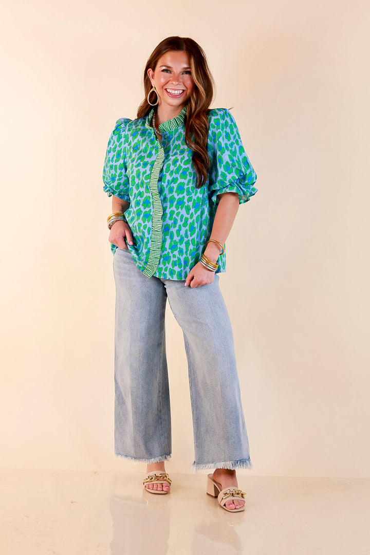 Catch the Compliments Puff Sleeve Ruffle Trim Leopard Print Statement Top in Green and Blue