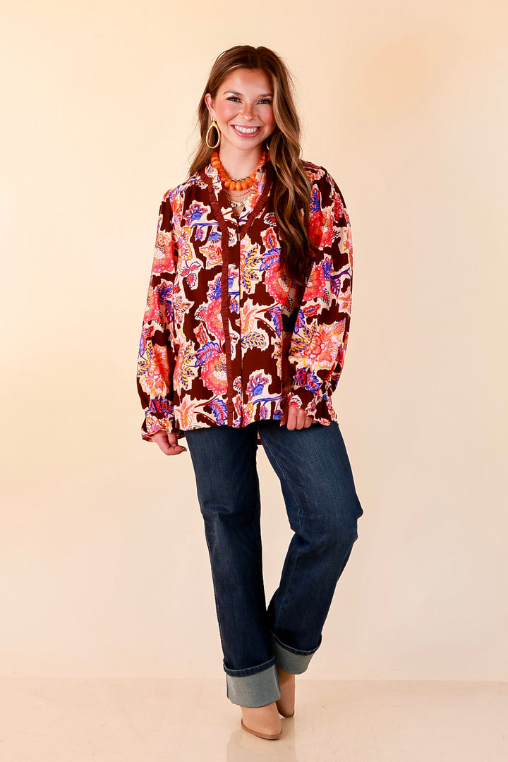 Petal Pop Floral Print Ruffle Front Button Up Long Sleeve Top with Balloon Sleeves in Coco Brown