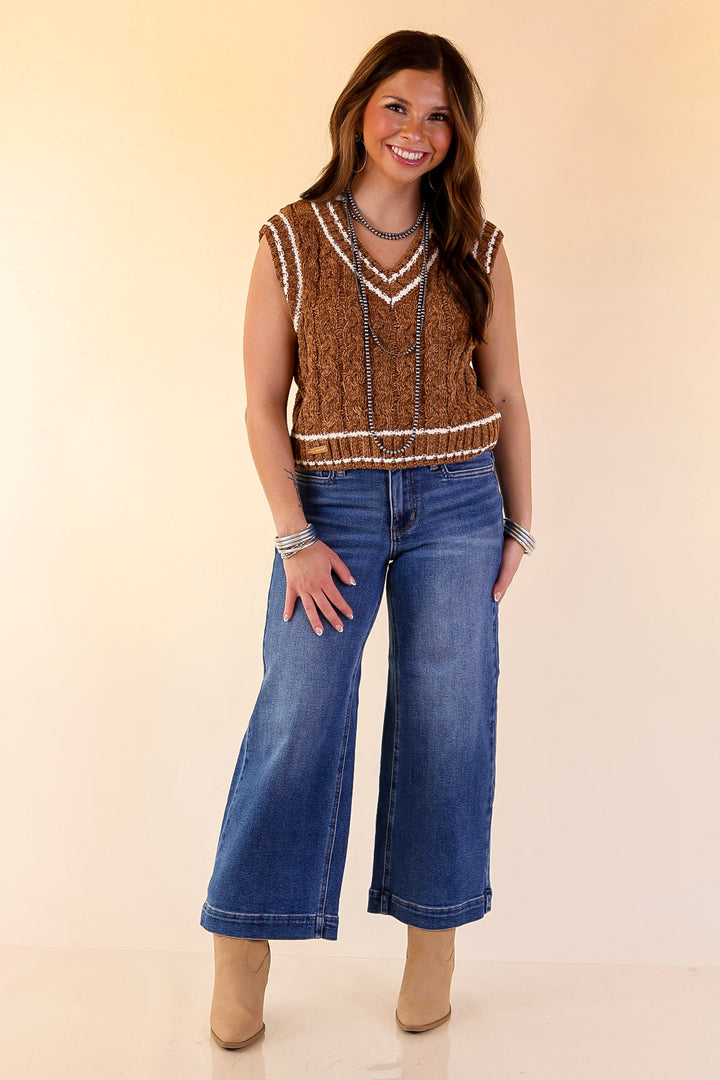 Simply Southern | Bliss Cable Knit Teddy Sweater Vest with V-Neckline and Contrast Trim in Umber Brown