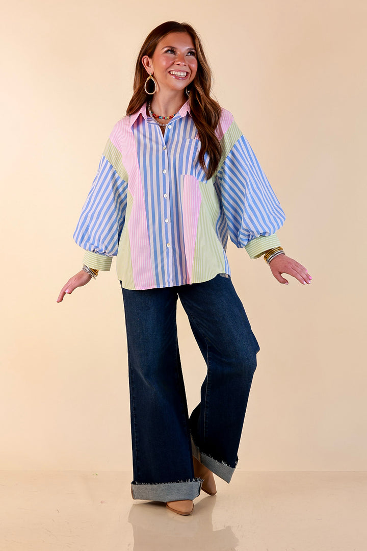Lovely Impression Colorblock Stripe Button Front Top with Balloon Sleeves in Pink, Blue and Green