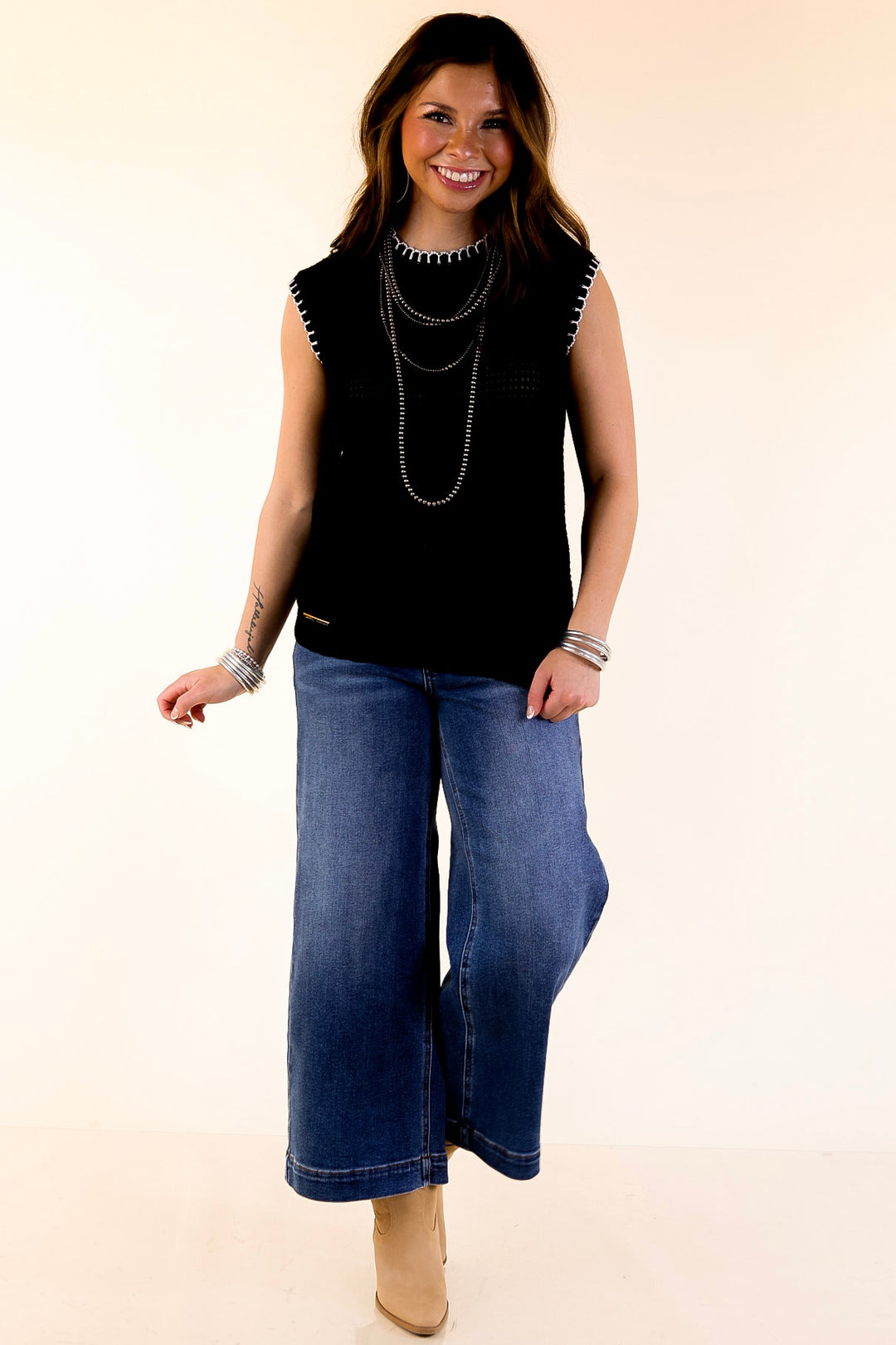 Simply Southern | Olivia Large Knit Sweater Vest with Contrast White Stitching in Black