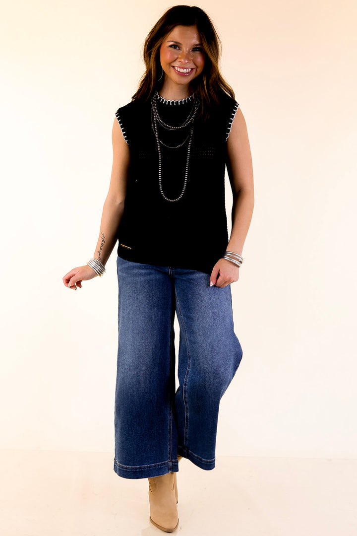 Simply Southern | Olivia Large Knit Sweater Vest with Contrast White Stitching in Black