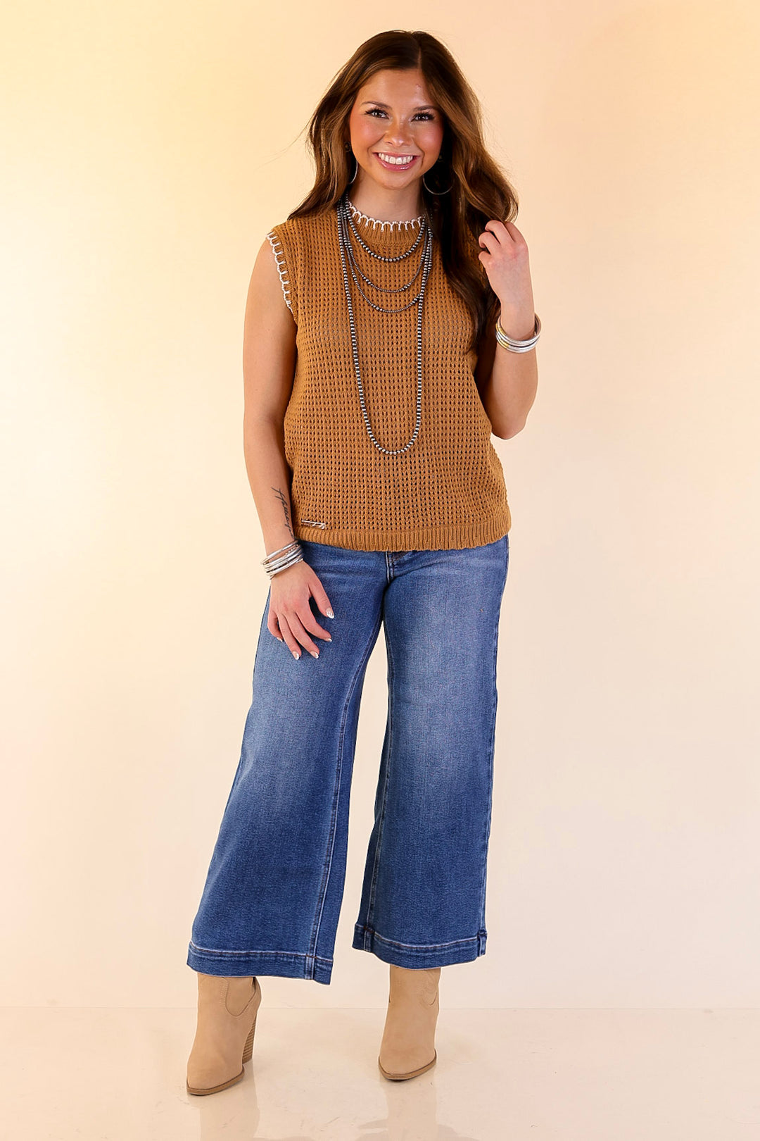 Simply Southern | Olivia Large Knit Sweater Vest with Contrast White Stitching in Tan Brown