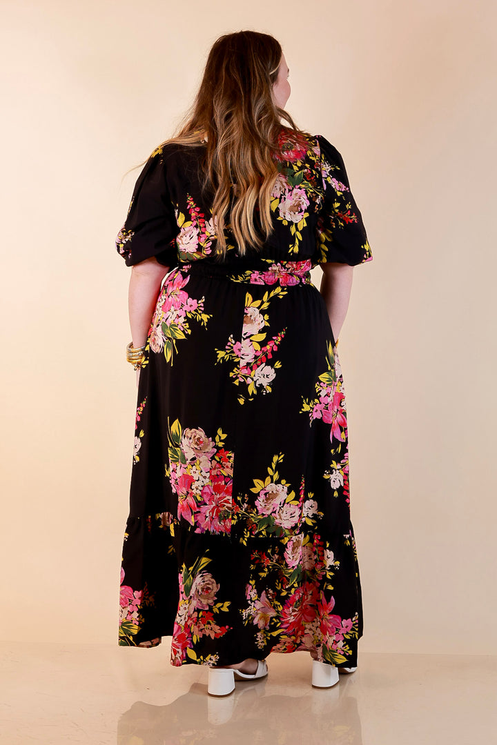 Reserved for Brunch Puff Sleeve Smocked Waist Floral Maxi Dress in Black Multi