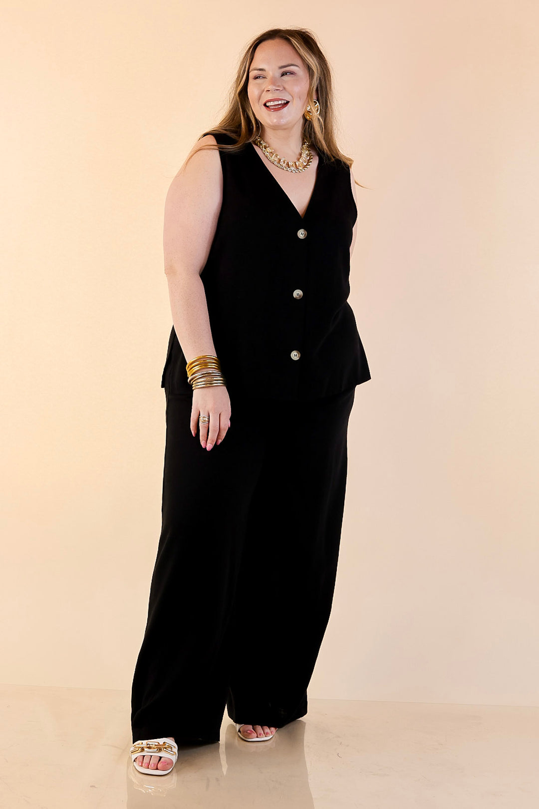 Styled for Success Button Up Linen Vest in Black