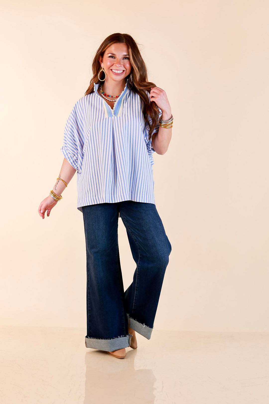 Naturally Stylish Striped Poncho Top with Lace Trim Details and Dolman Sleeves in Baby Blue