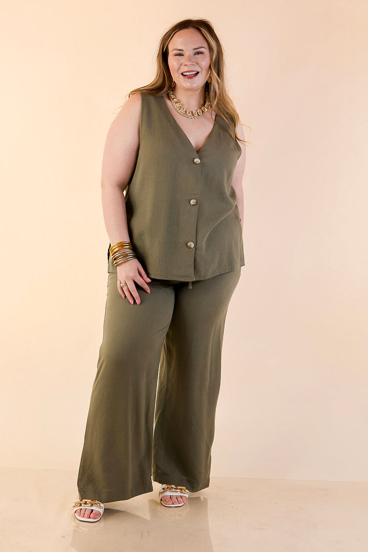 Styled in Comfort Linen Wide Leg Drawstring Pants in Olive Green