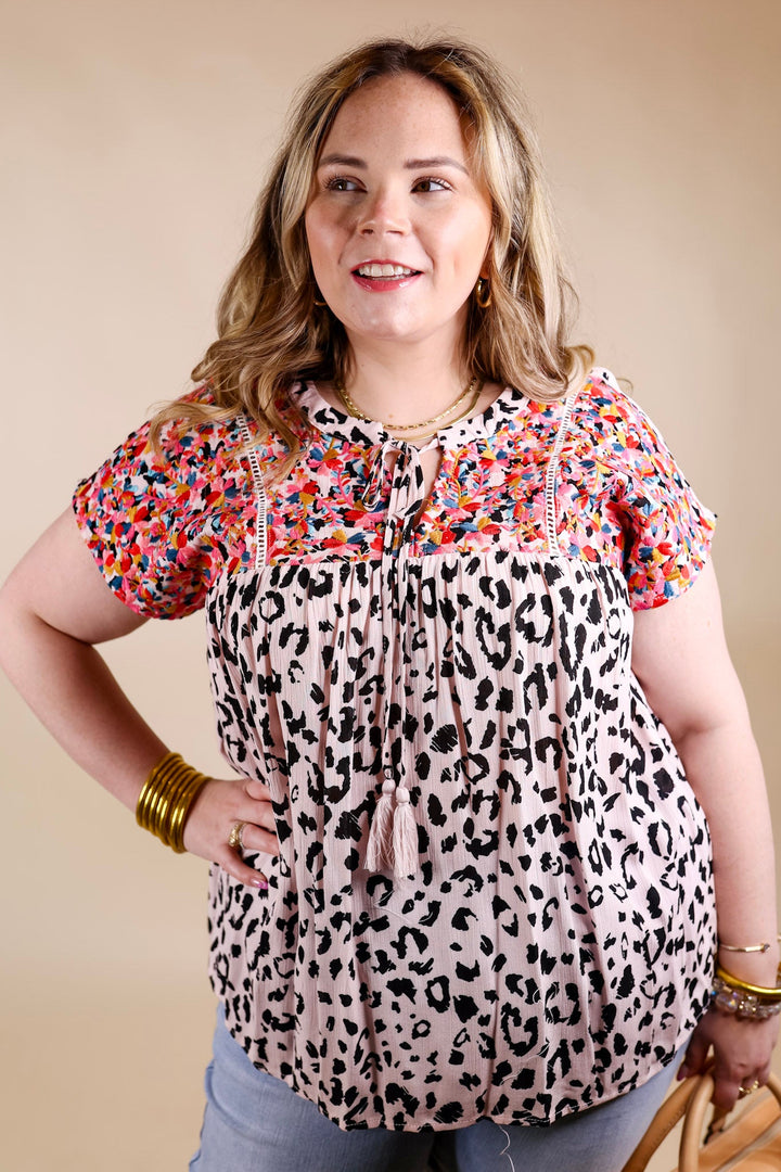 Fredericksburg In the Spring Leopard Print Embroidered Top with Front Keyhole in Blush Pink - Giddy Up Glamour Boutique