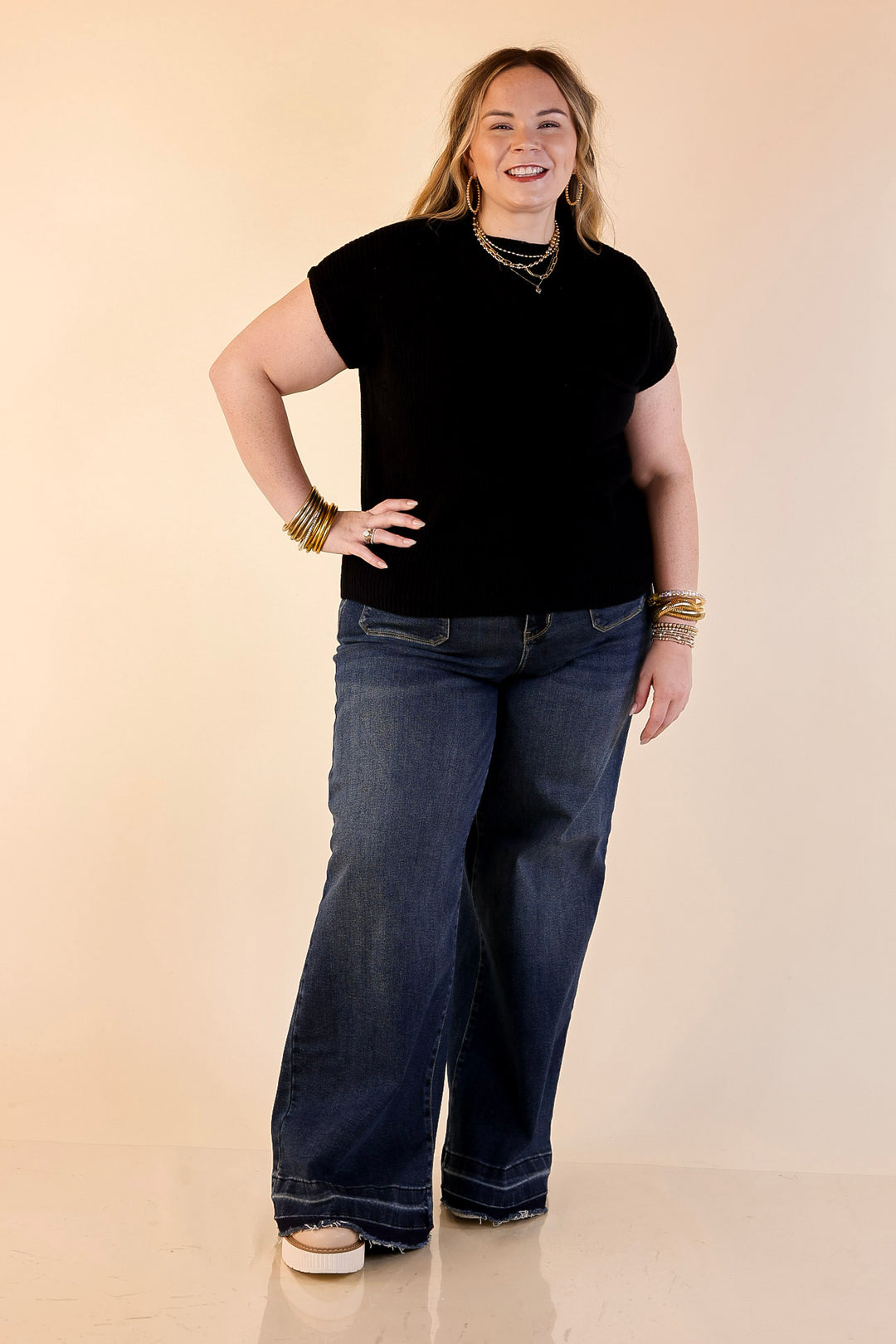 Repeat Ready Cap Sleeve Sweater with Front Pocket in Black