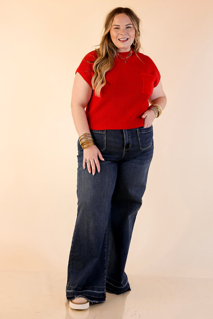 Repeat Worthy Cap Sleeve Cropped Sweater with Front Pocket in Red