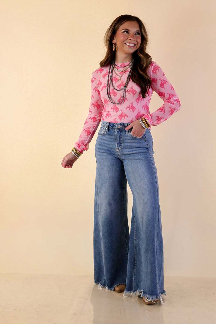 The Perfect Layer Hot Pink Bronc Print Mesh Long Sleeve Top in Pink