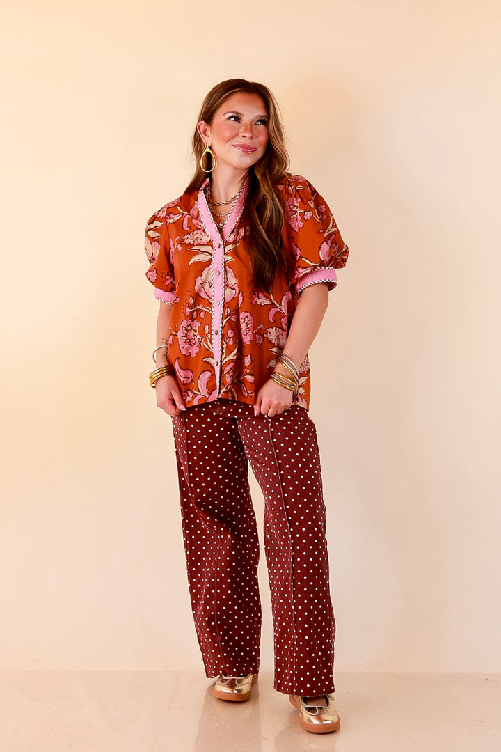 Pop of Polish Short Puff Sleeve Button Front Floral Top with Contrast Trim in Rust Orange and Pink