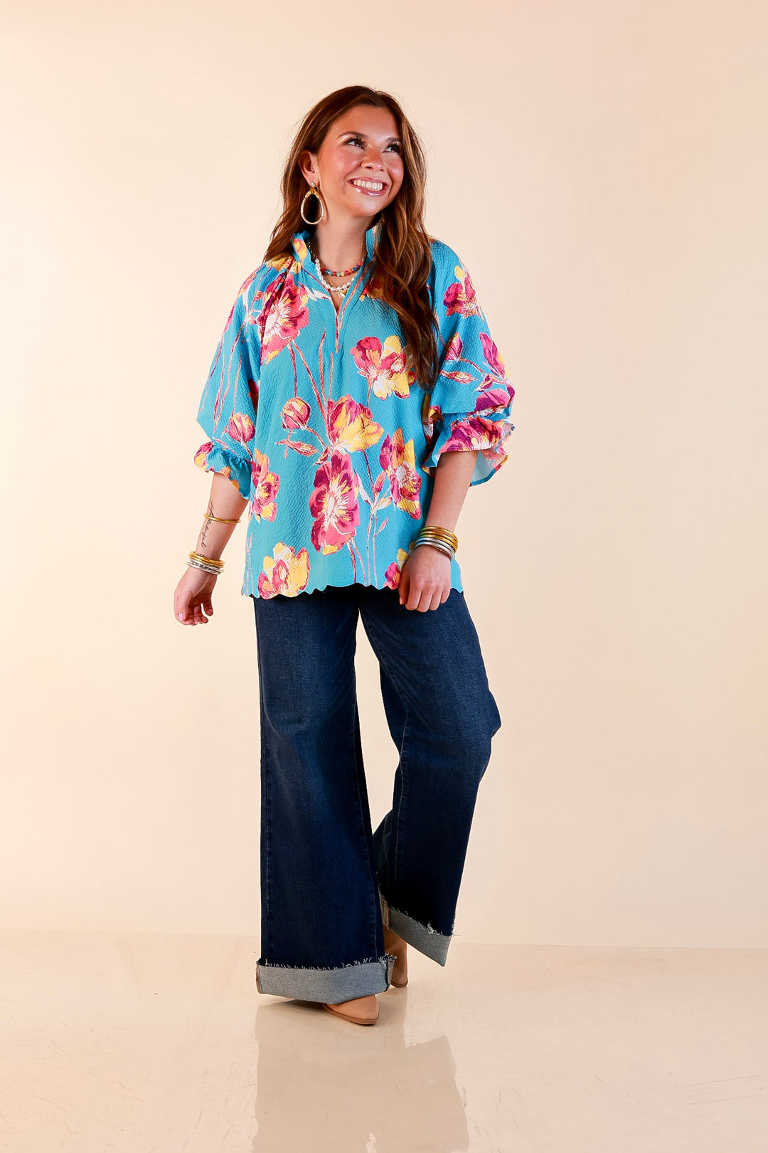 Petal Perfect Floral Print Textured Puff Sleeve Top with Ruffle Split Neckline in Aqua Mix