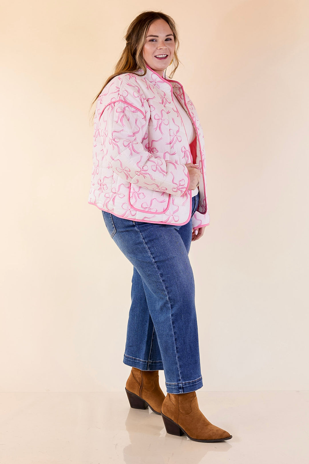 Mud Pie | Cher Quilted Jacket with Pink Bow Print and Pink Piping and Pockets in Off White