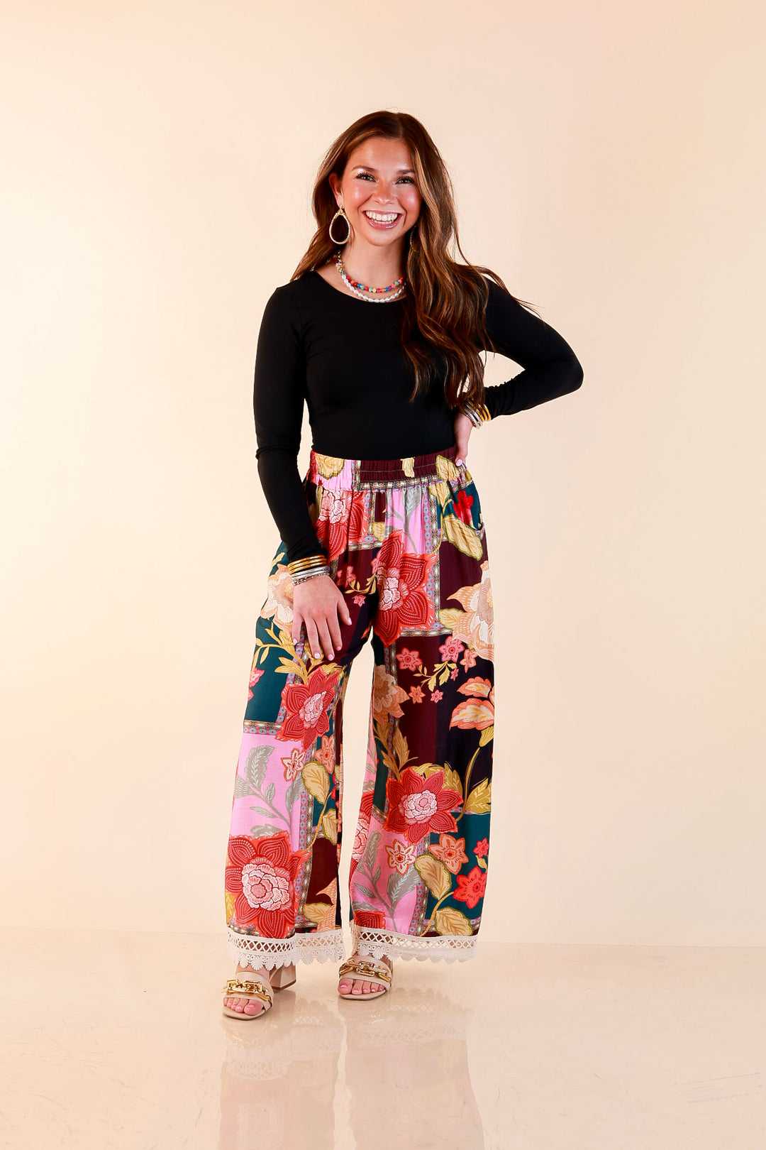 Patchwork Flair Floral Patchwork Print Wide Leg Pants with Lace Trim in Pink Mix