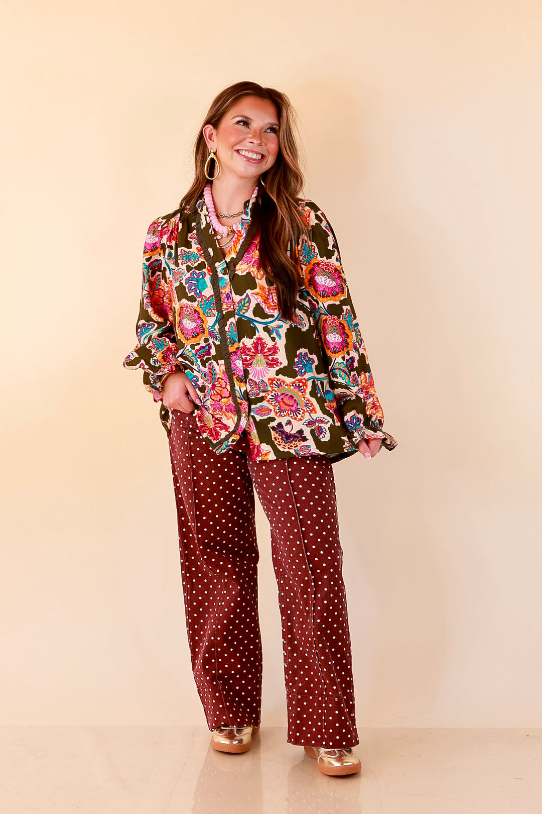Petal Pop Floral Print Ruffle Front Button Up Long Sleeve Top with Balloon Sleeves in Olive Green