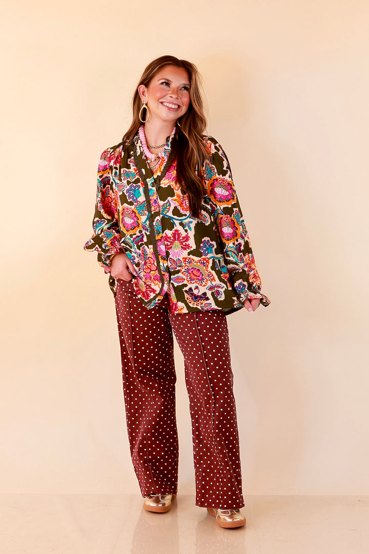 Petal Pop Floral Print Ruffle Front Button Up Long Sleeve Top with Balloon Sleeves in Olive Green